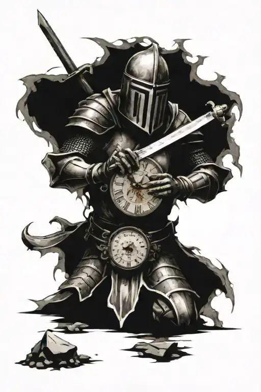 Knight Holding A Sword In Front Of His Chest Stabbing The Ground With A Broken Clock