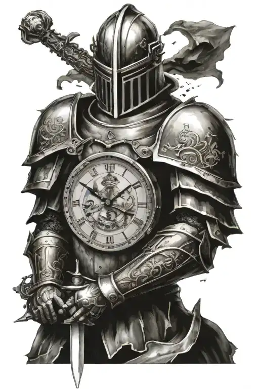 Knight Holding A Sword In Front Of His Chest Stabbing The Ground With A Broken Clock