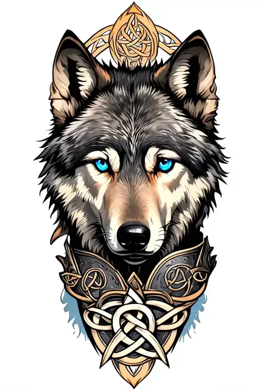 Wolf With Blue Eyes On Armor Tattoo Design Featuring Celtic Trinity Knot