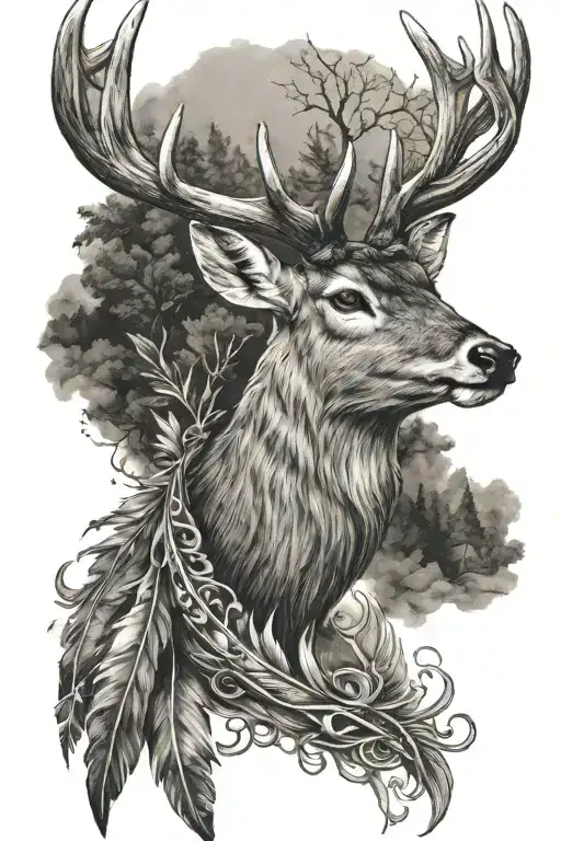 Feather With Male Deer And Hunter Inside Deer Profile