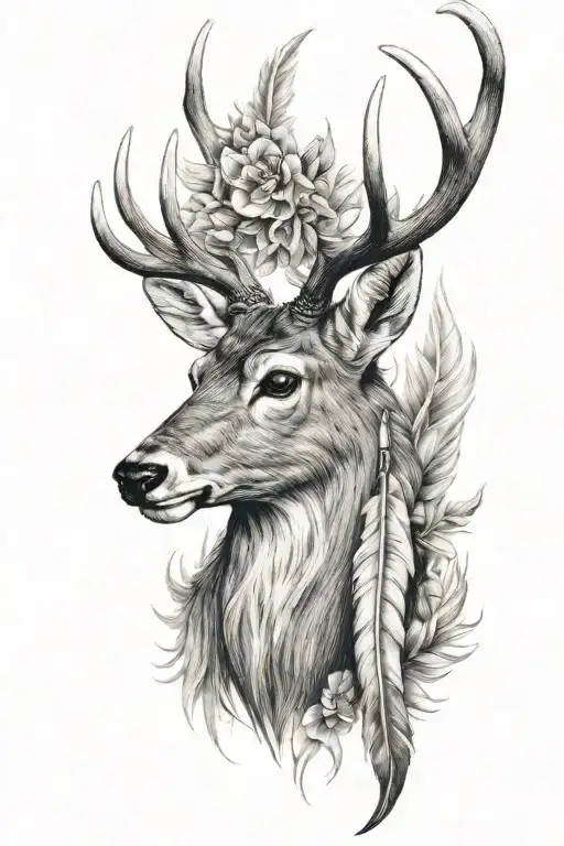 Single Feather Vertical With Male Deer Inside Feather And Hunter Inside Deer Profile