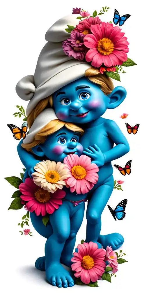 Mama Smurf And Baby Boy Smurf With Flowers And Butterflies