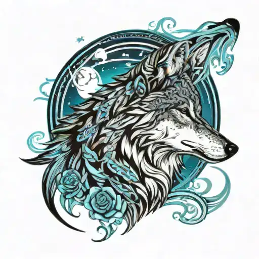Tribal Wolf Howling At Moon With Northern Lights Background And Blue Rose's