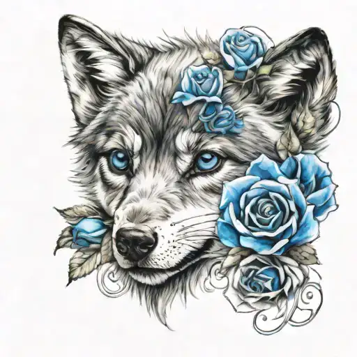 Blue Roses Wrapped Around A Baby Wolf