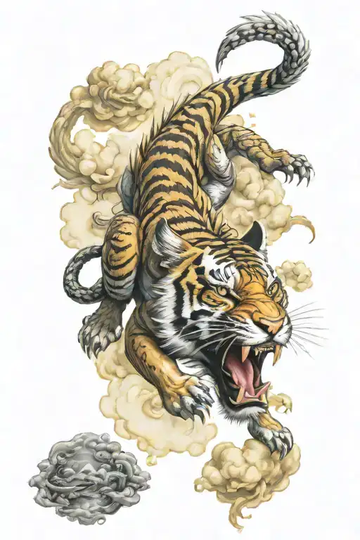 Tiger Fighting Dragon Glory Bright Glitter Shining Clouds