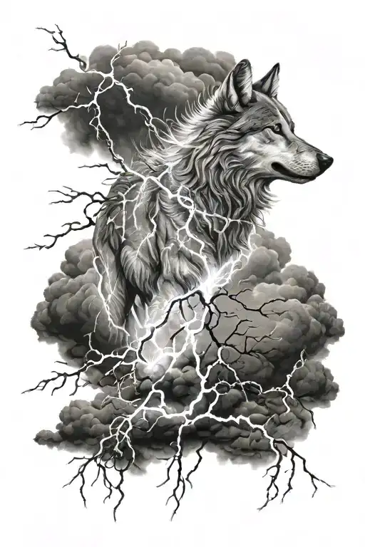 Dred Wolf In A Lightning Storm Clouds Surrounding