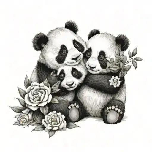 Two Cute Baby Panda Bears Hug Each Other Flowers
