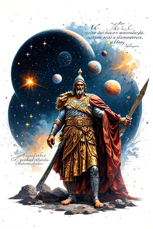 Greek War-warrior Against The Background Of Planets And Stars With A Phrase In Latin