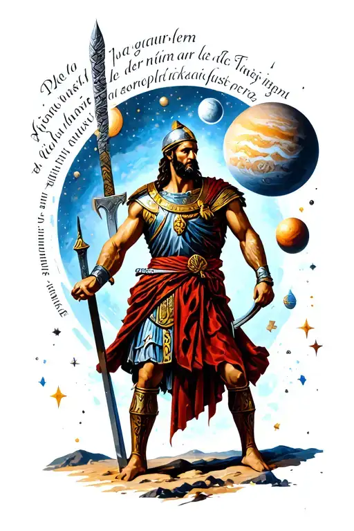 Tattoo Greek War-warrior Against The Background Of Planets And Stars With A Phrase In Latin
