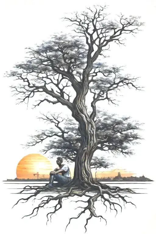 A Man Sitting Under A Tree In The Sunset Scene
