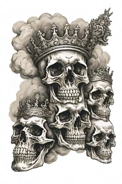 Three Skulls One With A Crown With Clouds