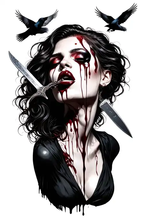 Sexy Woman With Black Bloody Tears Running Down Face Licking Bloody Knife With Black Crows Flying