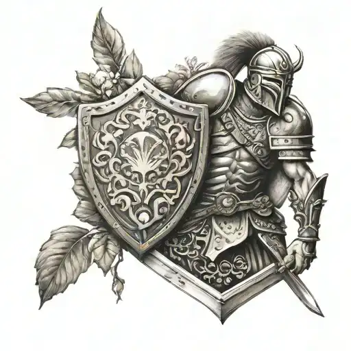 Warrior In A Garden With A Shield Adorned