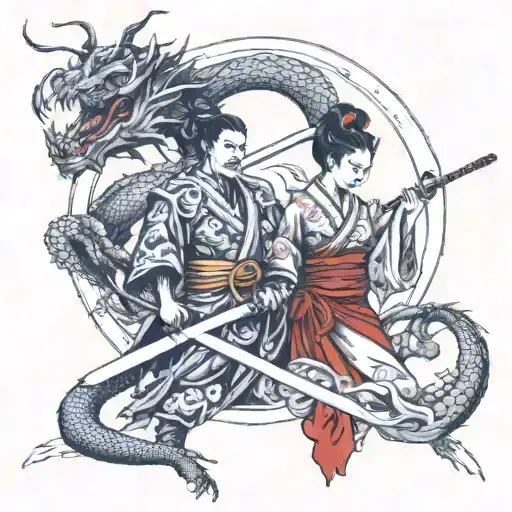 Dragon And Geisha Holding A Katana