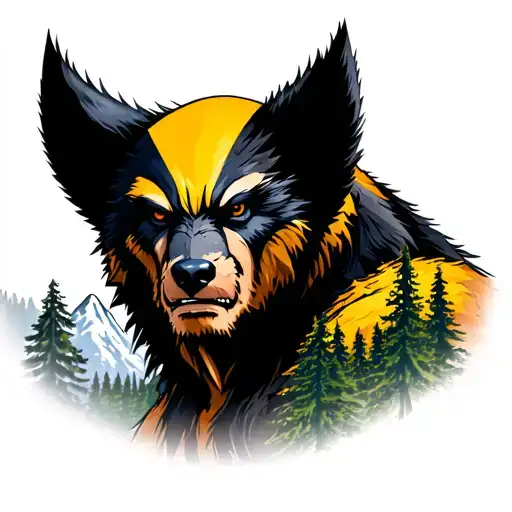A Real Wolverine Animal Overlooking Mountain And Forest