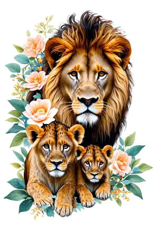 Lion And Cubs With Flowers