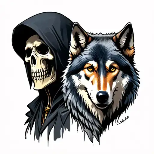 Grim Reaper And Wolf Looking Forward