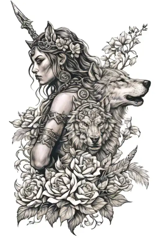 Warrior Goddess With Wolf And Flowers