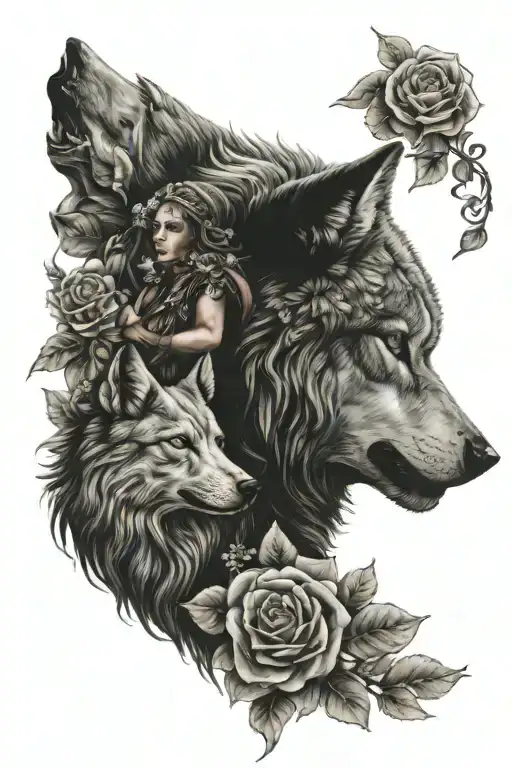 Warrior Godess And Wolf Howling With Flowers