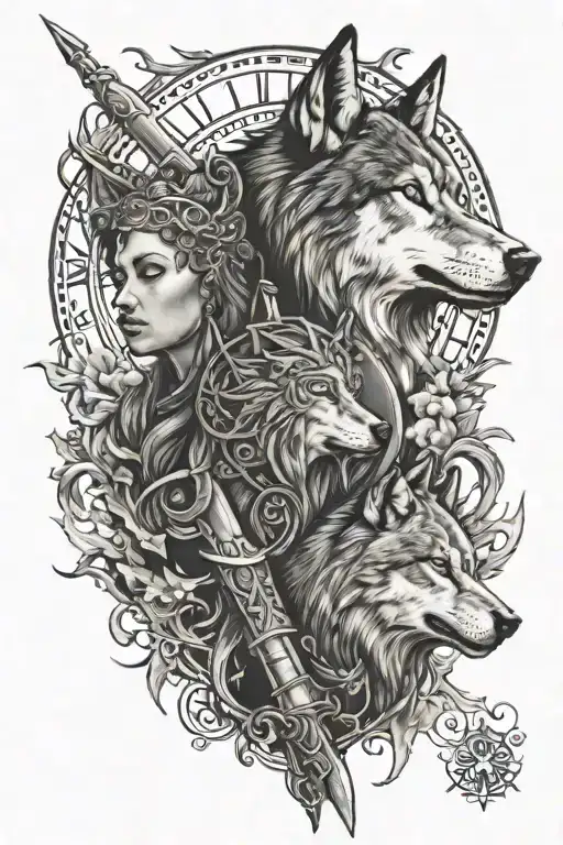Warrior Godess And Wolf Howling