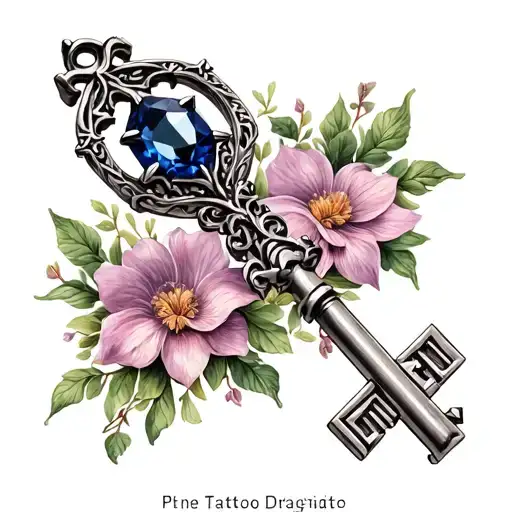Gothic Key Tattoo Small With Sapphire Gemstone