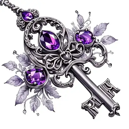 Gothic Key Tattoo Small With Purple Sapphire Gemstone