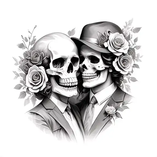 Classic Couple With Skull Head With Roses