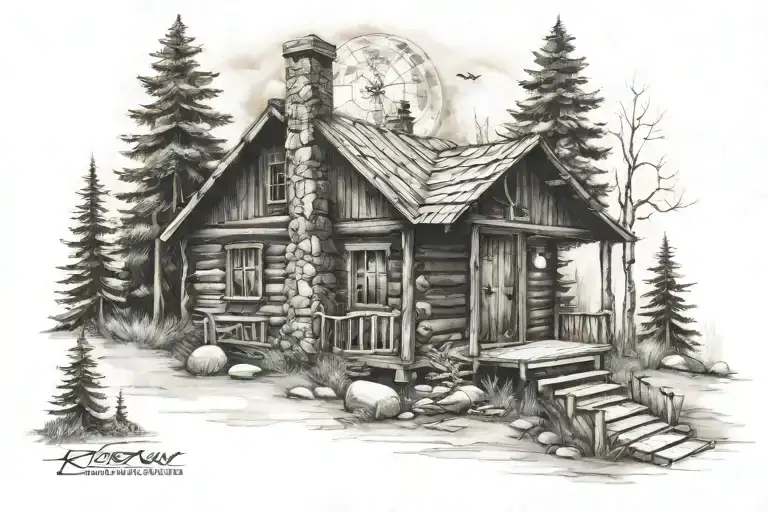 Cabin Tattoo Design Combining