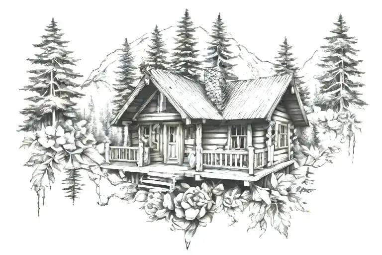 Cabin Tattoo Design Combining Elements