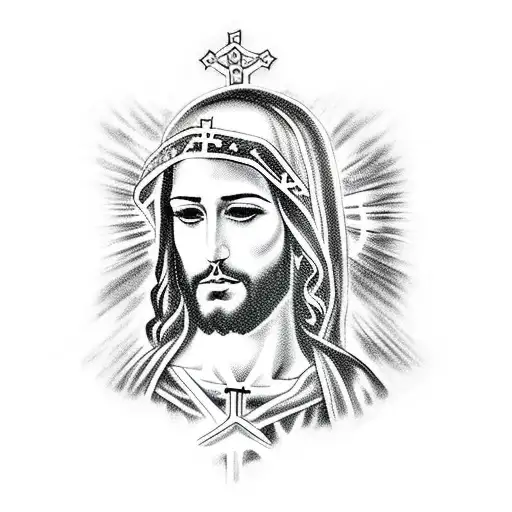 A Blackwork Tattoo Of Jesus Holding A Holly Cross Surrounded By Clouds