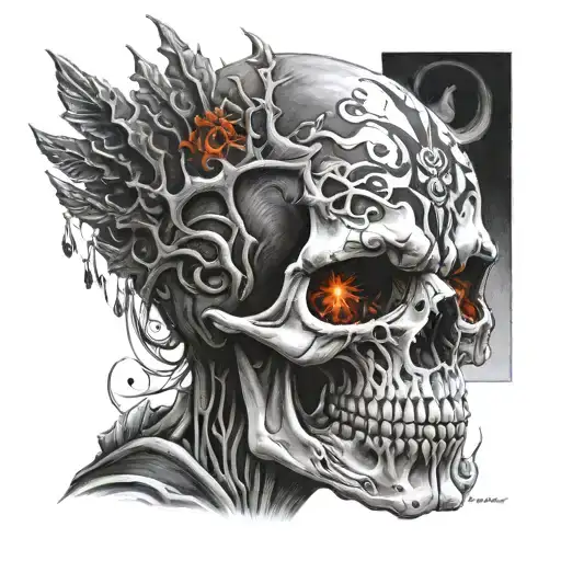 Skull With Fiery Eyes On Shoulder