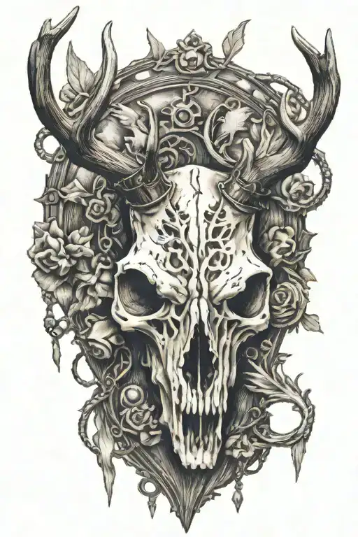 Deer Skull With Velvet Hanging Off Anters