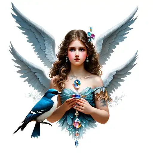 Beautiful Angel Holding Jewels And A Magpie
