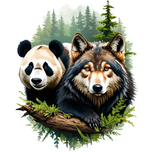 Panda And Wolf Bear In A Forest