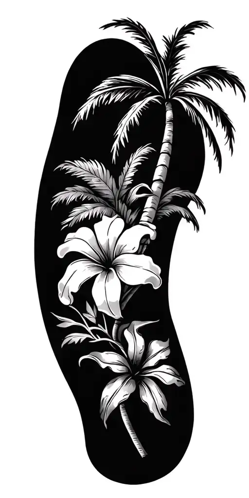 Puerto Rican Motif Tattoo Consisting Tribal Lines Beach Scene With Palm Tree National Flower Coqui