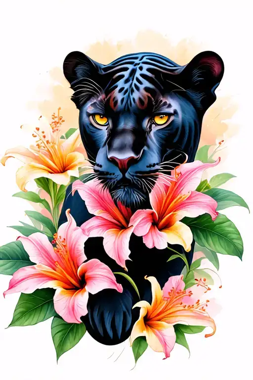 Panther With Stargazer Lilies Snd Hibiscus Flowers