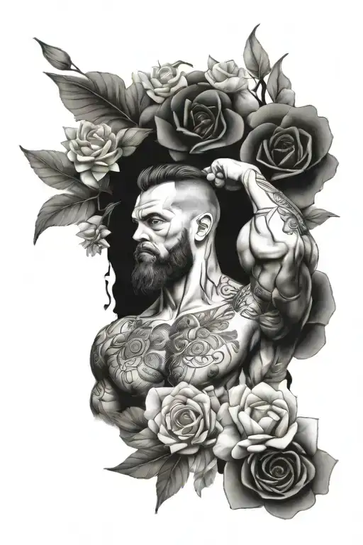 A Tattoo Design Of A Weightlifter Surrounded By Flowers And Self Care Symbols
