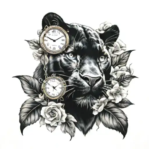 Black Panther With 2 Clocks And Flowers Growing