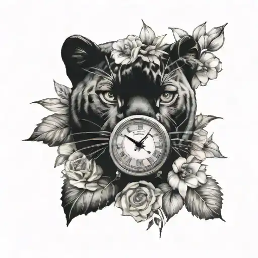 Black Panther With 2 Clocks And Flowers Blooming