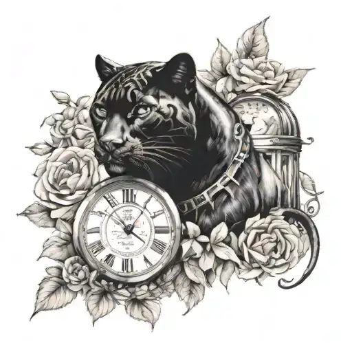 Black Panther With 2 Clocks And Flowers