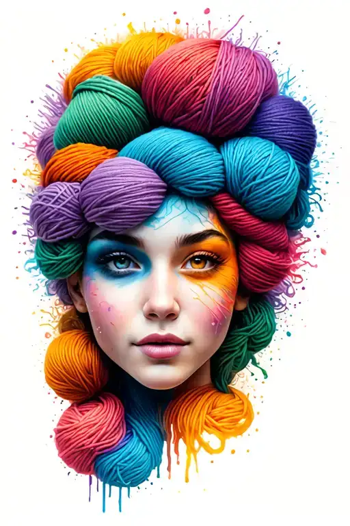 Female Face With Yarn Exploding Out Of Head Colorful