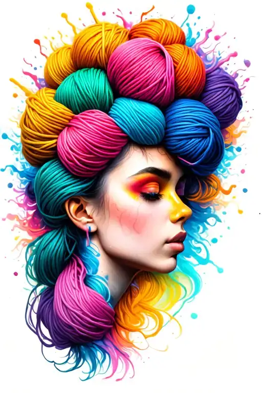 Side Profile Female Face With Yarn Exploding Out Of Head Colorful