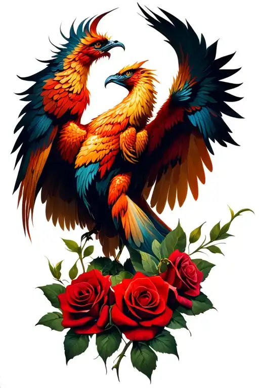 Realistic Phoenix With Two Red Roses One On Each Side