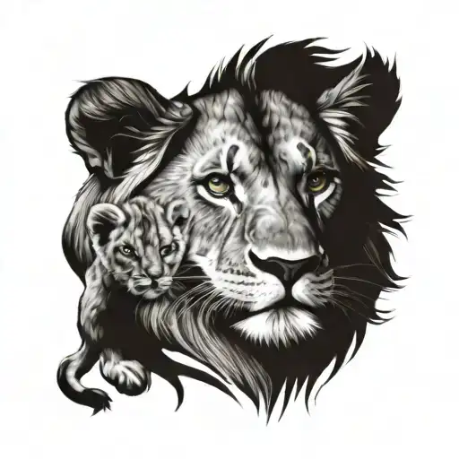 Baby Lion On Top Of Father Lion Head Realism