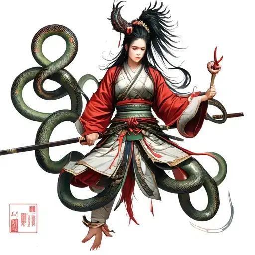 Samurai With Japonese Demon Girl With Snakes Wrapped