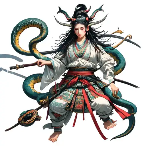 Samurai With Japonese Demon Girl With Snakes Wrapped