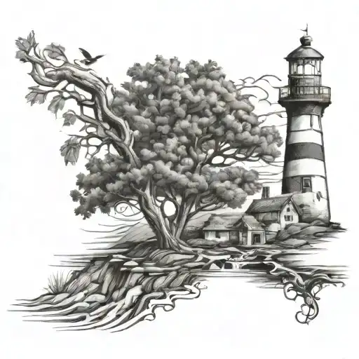 Oak Tree Intertwined With Lighthouse Water Mountains