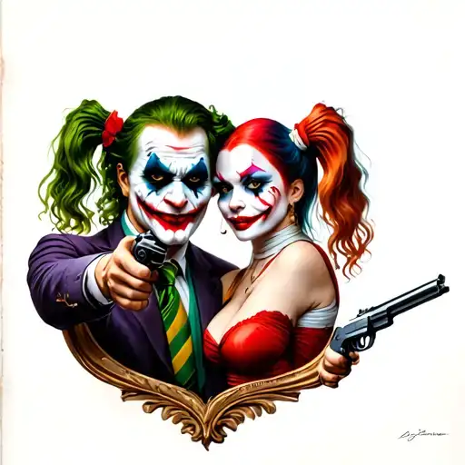 Joker And Harley Quinn Looking At The Old Version Of Themselves In A Mirror And Pointing Guns At It