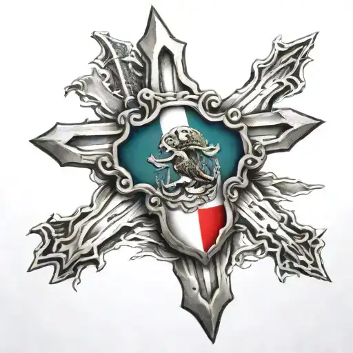 Cross Tattoo With An American And Mexican Flag Inside