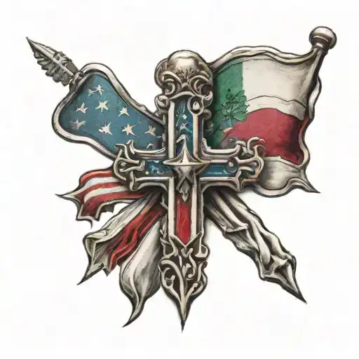 Cross Tattoo With An American Flag And Mexican Flag Inside